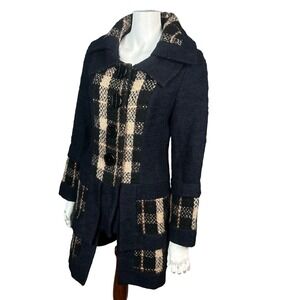 An Ren New York Sweater Coat Small Plaid Long Wool Black Tan Artsy VTG Menswear